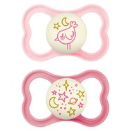 Mam Supreme Night Silicone Soother 6-16m Код 248S, 2 бр - розова / Фуксия - Ортодонтска силиконова залъгалка, която свети в тъмното