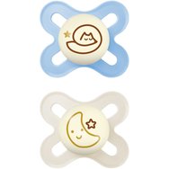 Mam Original Start Night Silicone Soother 0-2m, Код 124SBc 2 бр - светло синя / крем - Много малка силиконова залъгалка, която свети в тъмното Mam Original Start Night Silicone Soother 0-2m, Код 124SBc 2 бр - светло синя / крем - Много малка силиконова залъгалка, която свети в тъмното