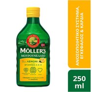 Moller's Cod Liver Oil Lemon 250ml - Хранителна добавка Орално рибено масло, богато на Омега 3 с витамини A, D и E с вкус на лимон Moller's Cod Liver Oil Lemon 250ml - Хранителна добавка Орално рибено масло, богато на Омега 3 с витамини A, D и E с вкус на лимон