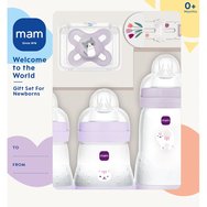 Mam Promo Welcome to the World Newborn Gift Set 0m+ 1 брой - Лилаво - Бебешки комплект с 3 шишета & 1 залъгалка & 1 лента за залъгалка Mam Promo Welcome to the World Newborn Gift Set 0m+ 1 брой - Лилаво - Бебешки комплект с 3 шишета & 1 залъгалка & 1 лента за залъгалка