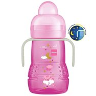 Mam Trainer+ Night 4m+, 220ml, Код 451 - Розов 2 - Бутилка за преход към чаша със светещи в тъмното дръжки Mam Trainer+ Night 4m+, 220ml, Код 451 - Розов 2 - Бутилка за преход към чаша със светещи в тъмното дръжки