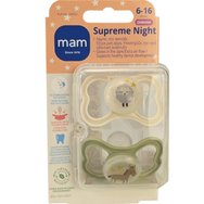 Mam Supreme Night Silicone Soother 6-16m Код 248SUc, 2 броя - Бежово / Зелено - Ортодонтска силиконова залъгалка, която свети в тъмното