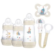 Mam Promo Gift Set Welcome to the World 0m+ Κρεμ 1 бр, Код 660 - Подаръчен комплект за новородени с 2x полипропиленова бутилка 160 ml, 1x полипропиленова бутилка 260 ml, силиконова залъгалка и поддържаща лента