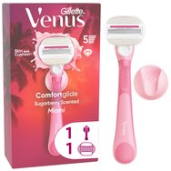 Gillette Venus ComfortGlide Miami Sugarberry 1 дръжка & 1 резервна част & 1 душ основа - Дамска самобръсначка с 2 сменяеми глави с 5 ножчета и аромат на захарна боровинка за по-добро плъзгане и гладко бръснене Gillette Venus ComfortGlide Miami Sugarberry 1 дръжка & 1 резервна част & 1 душ основа - Дамска самобръсначка с 2 сменяеми глави с 5 ножчета и аромат на захарна боровинка за по-добро плъзгане и гладко бръснене