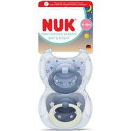 Nuk First Choice Classic Day & Night Silicone Soother 6-18m Ортодонтска силиконова залъгалка, 2 броя - синьо-сива Nuk First Choice Classic Day & Night Silicone Soother 6-18m Ортодонтска силиконова залъгалка, 2 броя - синьо-сива